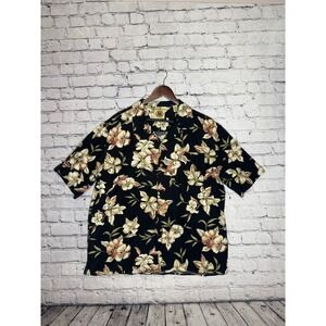 Pusser's West Indies Mens Black Floral Silk Cotton Short Sleeve Shirt L
